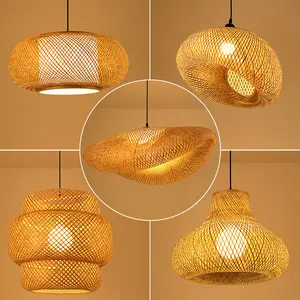 LED Handmade Rattan Chandelier Round Straw Hat Bamboo Lamp Pastoral Vintage Restaurant Hanging Light for Cafe Bar Restaurant