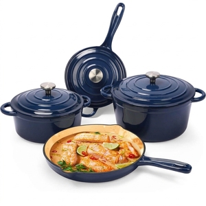 Ensemble de 4 casseroles en fonte émaillée, casseroles et poêles avec revêtement céramique, 3 couvercles inclus, ensemble de batterie de cuisine robuste - Product Image 1