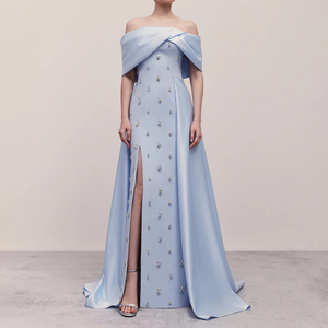 فستان سهرة فاخر ZYHT 73480 مرصع بالأحجار الكريمة للسيدات، فستان حفلات مخصص من الساتان الأزرق بدون أكتاف، فستان سهرة أنيق - Product Image 1