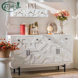 Chuqi French Style Entryway Cabinet White Geometric Design Sideboard Storage Living Room Cabinet 900mm High 5 Compartments - Product Image 4