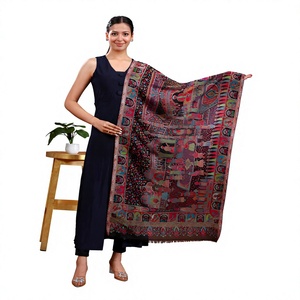 Kriti International Luxury Vintage Embroidered Silk Long Scarf Patchwork Shawl Reversible Character Kantha Style <b>Wrap</b> Women - Product Image 1