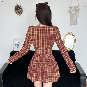 Robe imprimée à carreaux pour femme, style preppy, douce, naturelle, tissée, respirante, antistatique, couleur bonbon, jupe droite - Product Image 3