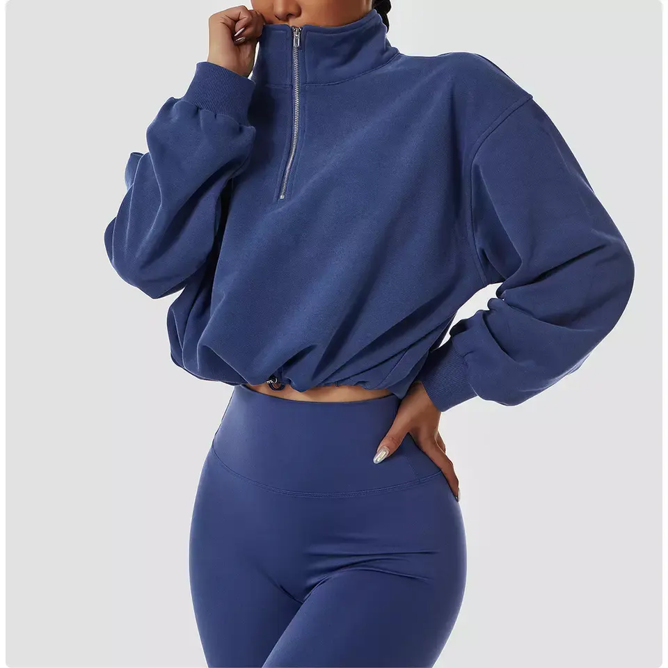 Drop Shoulder French Terry Gym Hoodies Women Custom Blank Half Zip Long Sleeve Pullover Sweatshirt