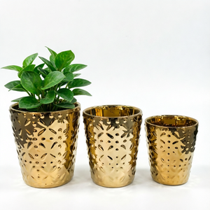 Set di 3 Vasi in Ceramica Dorati Lucidi con Rilievi <span class=keywords><strong>per</strong></span> Arredamento Moderno da Interni e Soggiorno - Product Image 1