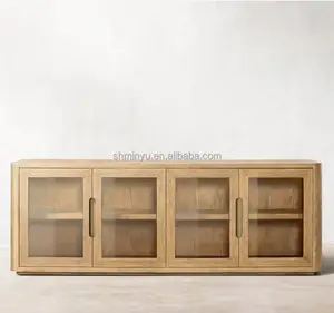 Modern American Style Living Room Wood Media Console French Contemporary Oak Glass 4-door Media Console