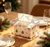 Kişiselleştirilmiş Modern Şenlikli Noel Şeffaf Akrilik Önceden Monte Edilmiş Parlak Yüzeyli Mendil Tutucu