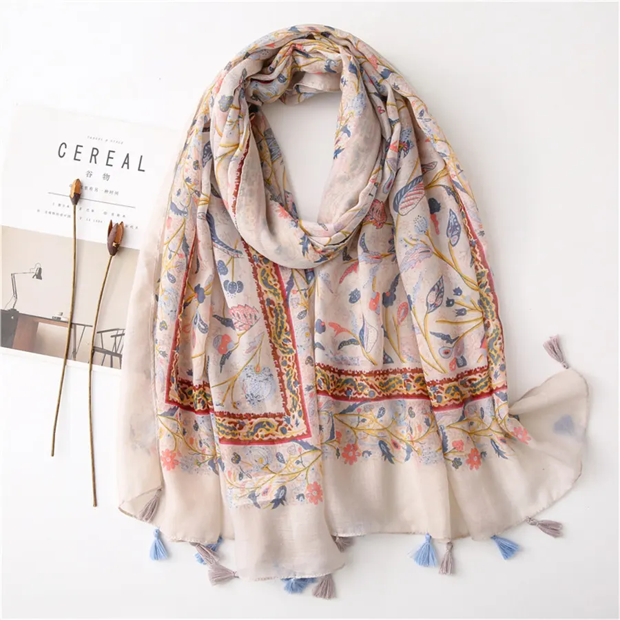 Ready To Ship 2022 Voile Scarf Fashion Spring Summer Yellow Flower Printed Tassel Women Scarf Cotton Hijab