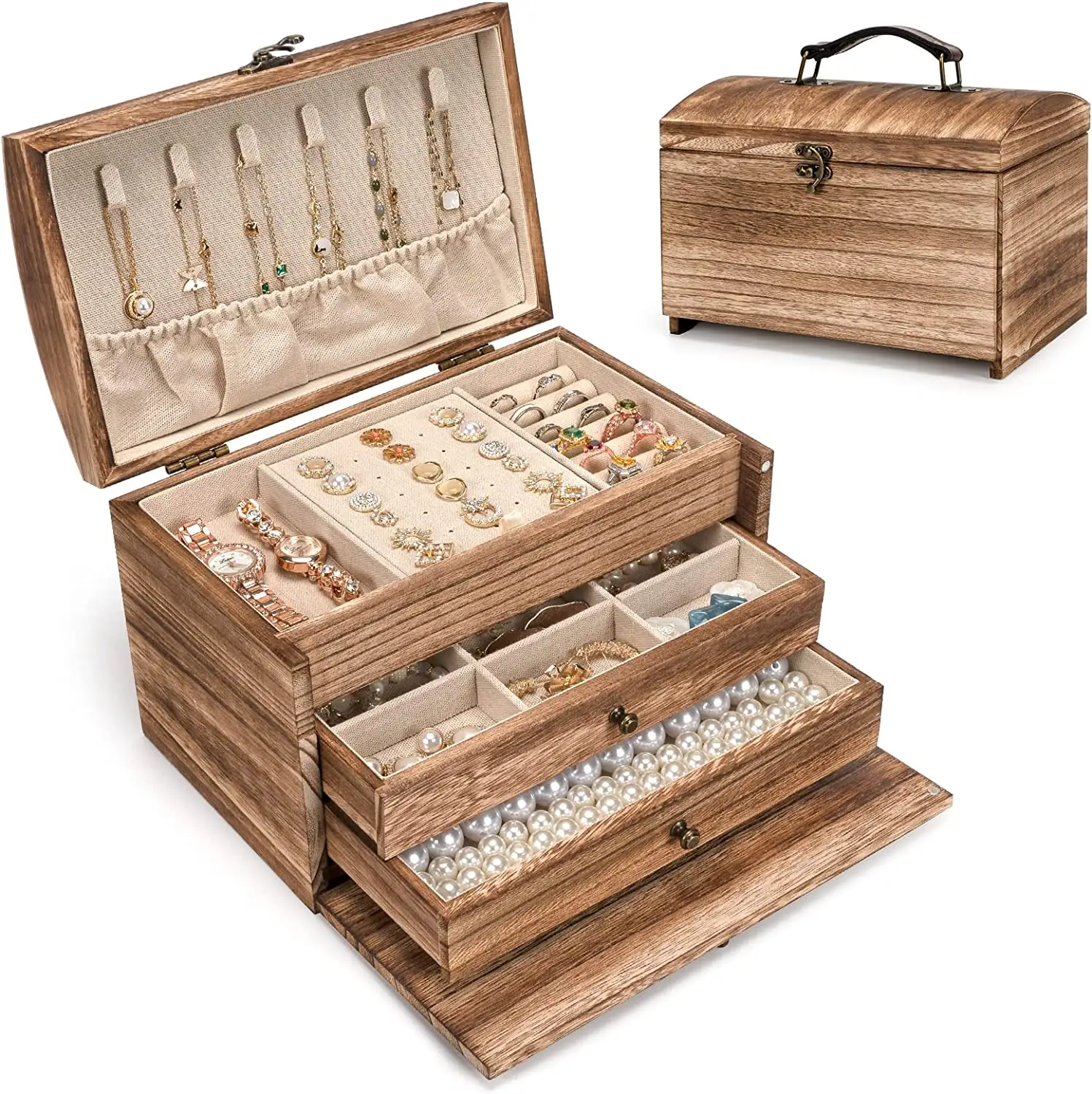 Jewelry Box Organizer, Wooden Jewelry Boxes for Women Girls, 3 Layer Travel Jewelry Case for Earring Necklace Rings Bracelets