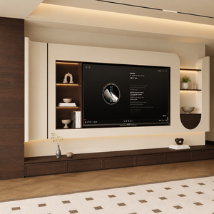 Mueble de <span class=keywords><strong>TV</strong></span> Moderno de Mediados de Siglo con Bordes Curvos Personalizados, Mueble de <span class=keywords><strong>TV</strong></span> con Esquinas Redondeadas, Estantes de Exhibición LED <span class=keywords><strong>para</strong></span> Sala de Estar - Product Image 1