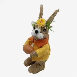 Home Decoration Supplies Natural Material Rabbit In Yellow Suit Riding Scooter Easter Straw Bunny Decor Seasonal Decoration