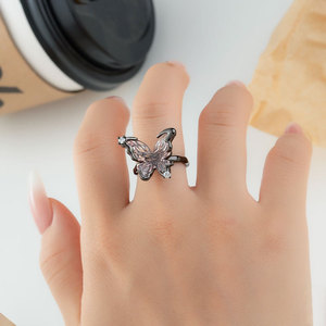 MyMuyu Transparent Pink 3D Butterfly Open <b>Ring</b> <b>Adjustable</b> For Women Insect Design Prong Setting - Product Image 2