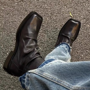 Custom OEM <strong>Black</strong> Knight Man Retro British <strong>Boots</strong> Shoes Size 44 <strong>Square</strong> <strong>Toe</strong> Back Zipper Thick Heel <strong>Men</strong> Trendy Chelsea Short <strong>Boots</strong> - Product Image 1