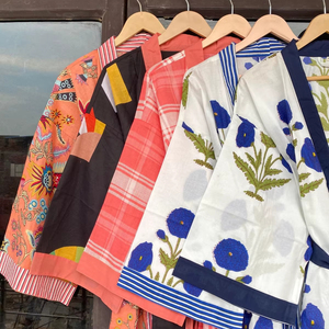 Bata Kimono India Hecha a Mano de Algodón Orgánico Transpirable y Suave con Cuello en V, Manga 3/4 y Cinturón, para Playa, Dama de Honor, Ropa de Dormir, Elegante - Product Image 1