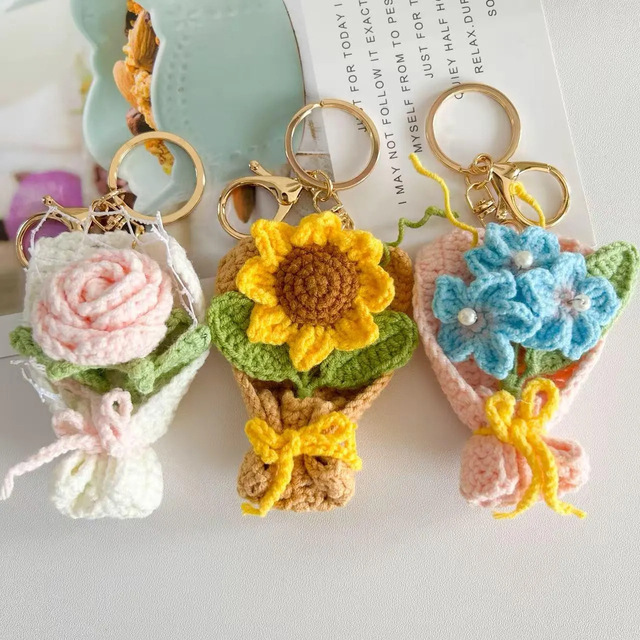 Cute Mini Handmade Knitted Flower Bouquet Crochet Flowers Sunflower Daisy Rose Tulip Yarn Knit Crochet Flowers Bouquet Keychain