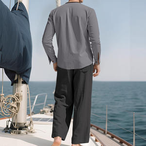 Ensemble chemise et pantalon décontractés en lin pour hommes, manches longues, amples, respirants, pour usage quotidien, blanc et bleu, tenue longue pour la plage - Product Image 5