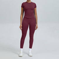 Ensemble de yoga 2 pièces sans couture, col rond, coupe ajustée, manches courtes, tenue de sport pour la course à pied, le cyclisme, la remise en forme, pour femmes