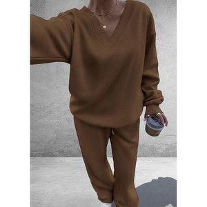 Ensemble de survêtement décontracté en maille pour femme FOXA, col en V, pantalon large, tenue d'automne respirante à manches longues - Product Image 4