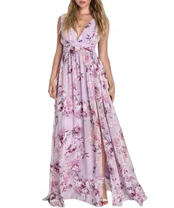 여자 V 넥 스플릿 원피스 꽃 무늬 프린트 긴 여름 파티 핑크 쉬폰 우아한 맥시 드레스