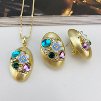 Ensemble de bijoux en or mat ovale avec fleurs émaillées et pierres précieuses colorées, collier et boucles d'oreilles pour femmes, accessoire de luxe rétro KY25130