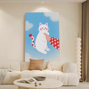 Impression sur toile murale Chat blanc mignon, queue à pois, main à manches rouges, ciel bleu et nuages, décor de chambre d'enfant fantaisiste pour la maison et le salon - Product Image 3
