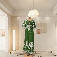 Robe Boubou Africaine en Gros pour Femmes, Manches Courtes, Imprimé Palmiers, Taille à Cordon, Grande Taille, Robe Longue Décontractée Maxi