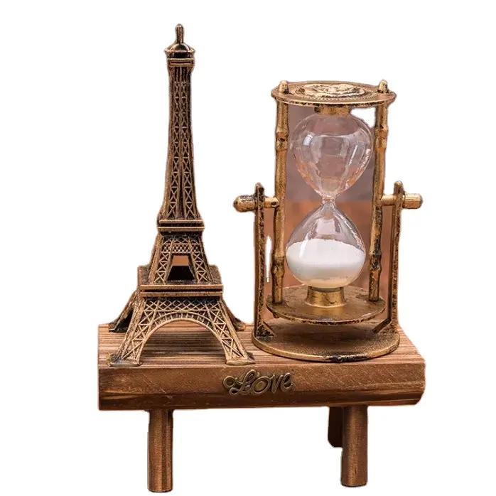 2023 Creative gift retro iron tower hourglass ornaments simple modern home study wooden swing seat hourglass ornaments