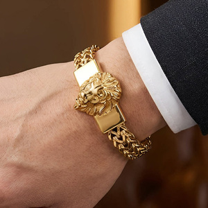 แฟชั่นลดราคา สร้อยข้อมือหัวสิงโตแบบโซ่คู่ สแตนเลสชุบทอง 18k หนัก ทนทาน สำหรับผู้ชาย ดีไซน์เรียบง่าย สไตล์เท่ๆ - Product Image 4