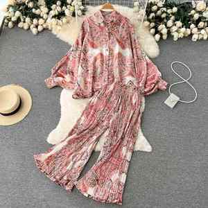 Ensemble chemise décontracté et polyvalent à imprimé léopard INS avec manches lanternes ensemble robe large plissée taille haute - Product Image 3