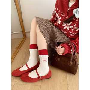 Japanese Style Christmas Fleece <b>Socks</b> Mid Calf <b>Wool</b> Warmth Autumn Winter Red Snowman Pattern - Product Image 1