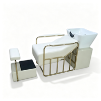 Fauteuil de lavage de luxe pour salon de coiffure, avec cadre doré et cuir PU blanc