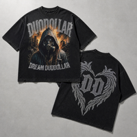 Kaos Katun Tebal Hitam Pria dengan Cetakan Gambar Masker Gas di Depan, Logo Gothic di Belakang, Model Distressed Boxy Streetwear, OEM Custom