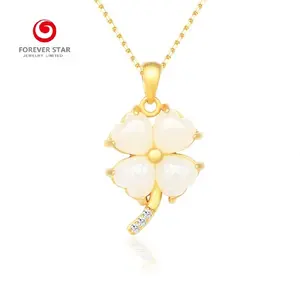Jewelry Factory Wholesale Romantic Heart Style 14K Yellow Gold Heart White Jade Moissanite Clover Pendant