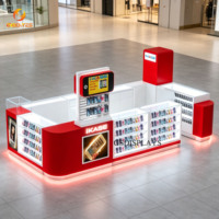 Diseño Interior de Tienda de Celulares con Estilo Recto Rojo y Blanco, Kiosco de Accesorios para Teléfonos con Iluminación LED y Caja de Luz con Logotipo