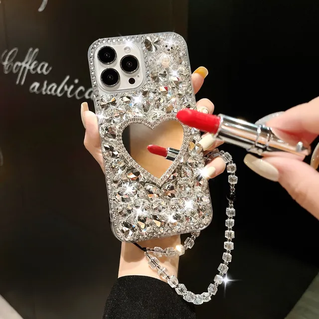 Diamond Mirror Makeup Case for iPhone 17 Pro Max Luxury Rhinestone Cover for Women with Strap 16 15 14 Pro Max