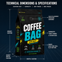 Sachet de café imprimé sur mesure, pochette verticale avec valve de dégazage unidirectionnelle, fermeture éclair, emballage noir mat, languette de tirage