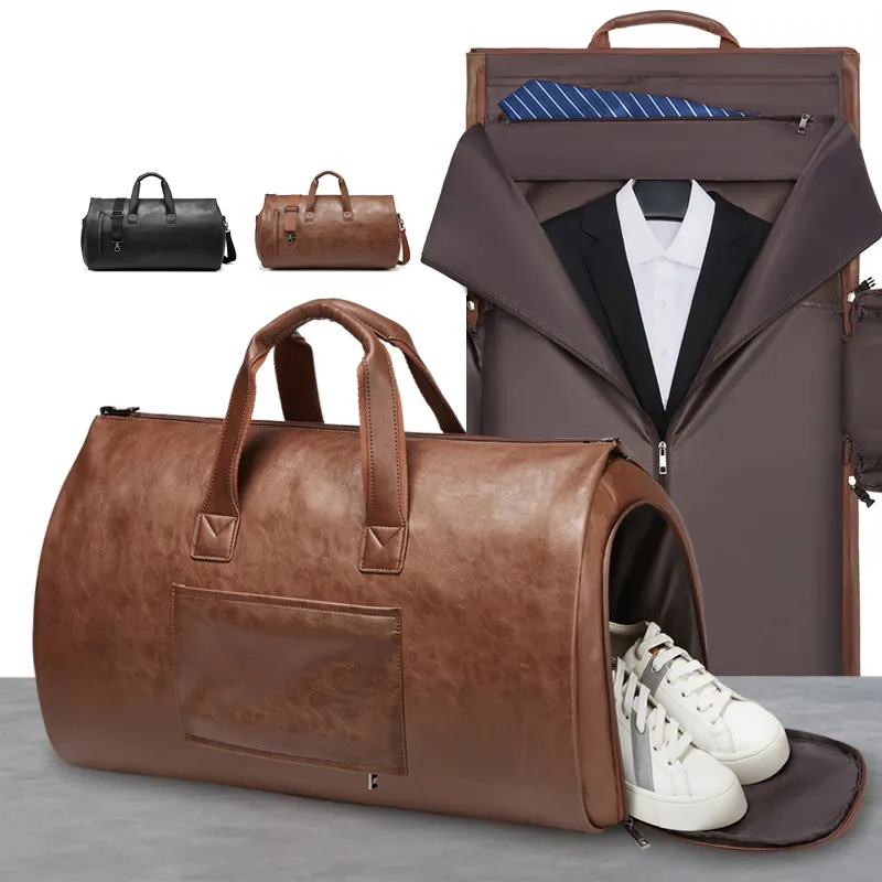 Роскошный Многофункциональный водонепроницаемый коричневый искусственная кожа 2 в 1 висячий чемодан костюм дорожный спортивный деловой складной костюм сумка для одежды