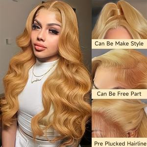 Parrucca 13x4 Honey Blonde 200% Densità, con Frontale in Pizzo Trasparente, Capelli Umani Pre-Pizzicati con Baby Hair, Ondulata, <span class=keywords><strong>Colore</strong></span> 27 #   Colorato - Product Image 5