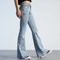 Celana Jeans Wanita Model Bell Bottom Desain Khusus dengan Hiasan Rhinestone Bergaris, Pinggang Rendah, Longgar, Warna Terang & Gelap, Gaya Manis