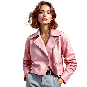 Chaqueta de moto rosa para mujer, de piel sintética, con cuello vuelto, cierre de cremallera, manga larga, chaqueta ajustada de piel de oveja auténtica tejida para mujer - Product Image 4
