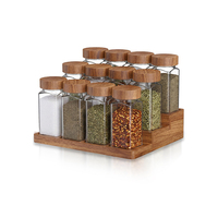 Ensemble d'étagères à épices en bois d'acacia avec 12 bocaux en verre, organisateur à 3 niveaux pour la cuisine, ensemble de bouteilles à épices écologiques