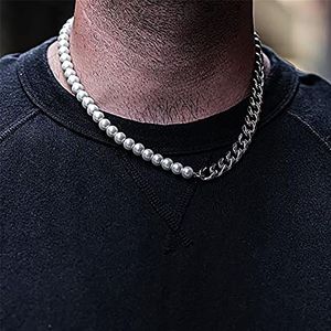 Corrente punk masculina, corrente vintage de estilo prata e ouro, de aço inoxidável, feita à mão, colar de pérola, meia corrente - Product Image 3