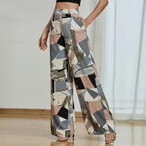 Blue Floral Print Floor Length Women's Wide Leg Casual Pants