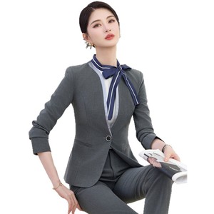 Women's Gray Suit <b>Set</b> Long Sleeve Formal <b>Blazer</b> And Trousers For Commute Anti-Wrinkle Worsted Fabric - Product Image 5