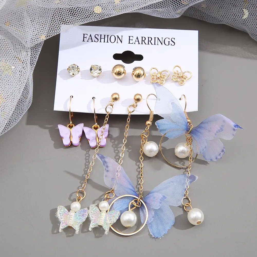 New Trend Pearl Butterfly Earrings Set Individuality Simple 6 Pairs Tassel Butterfly Drop Earrings Set Women Girls