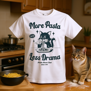 Camiseta More Pasta Less Drama, diseño del Club de Amantes de la Pasta con gato blanco - Product Image 3