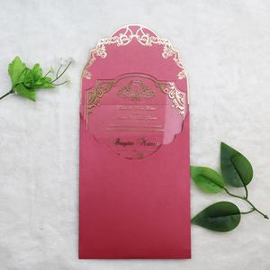 Carte d'invitation en acrylique transparent feuille d'or avec timbre chaud élégant personnalisé avec <span class=keywords><strong>enveloppe</strong></span> de poche en <span class=keywords><strong>dentelle</strong></span> rouge bordeaux - Product Image 5