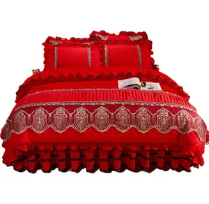 American style OEKO-TEX standard 100 embroid flower Red Velvet Wedding Duvet Cover Set