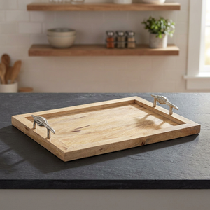 Handmade Decorative Wooden Serving <b>Tray</b> <b>Large</b> Rectangular with Handles & Decorative Floral Carving - Product Image 2