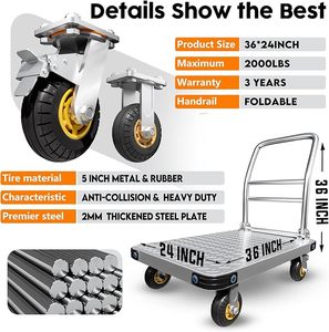 Chariot à plateforme robuste en acier de 2000 lb, chariot à main pour le transport de charges lourdes - Product Image 4