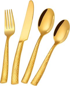 Ensemble de couverts de luxe de haute qualité en acier inoxydable 430 martelé, cuillère, fourchette, couteau forgés, dorés, pour mariage, événement, fête - Product Image 1
